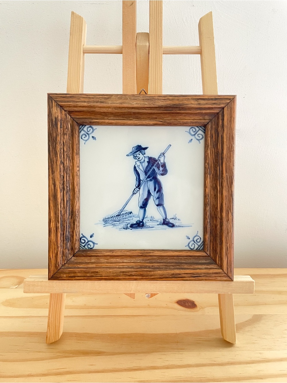 Vintage Delft-Style Blue and White Ceramic Tile in Wood Frame
